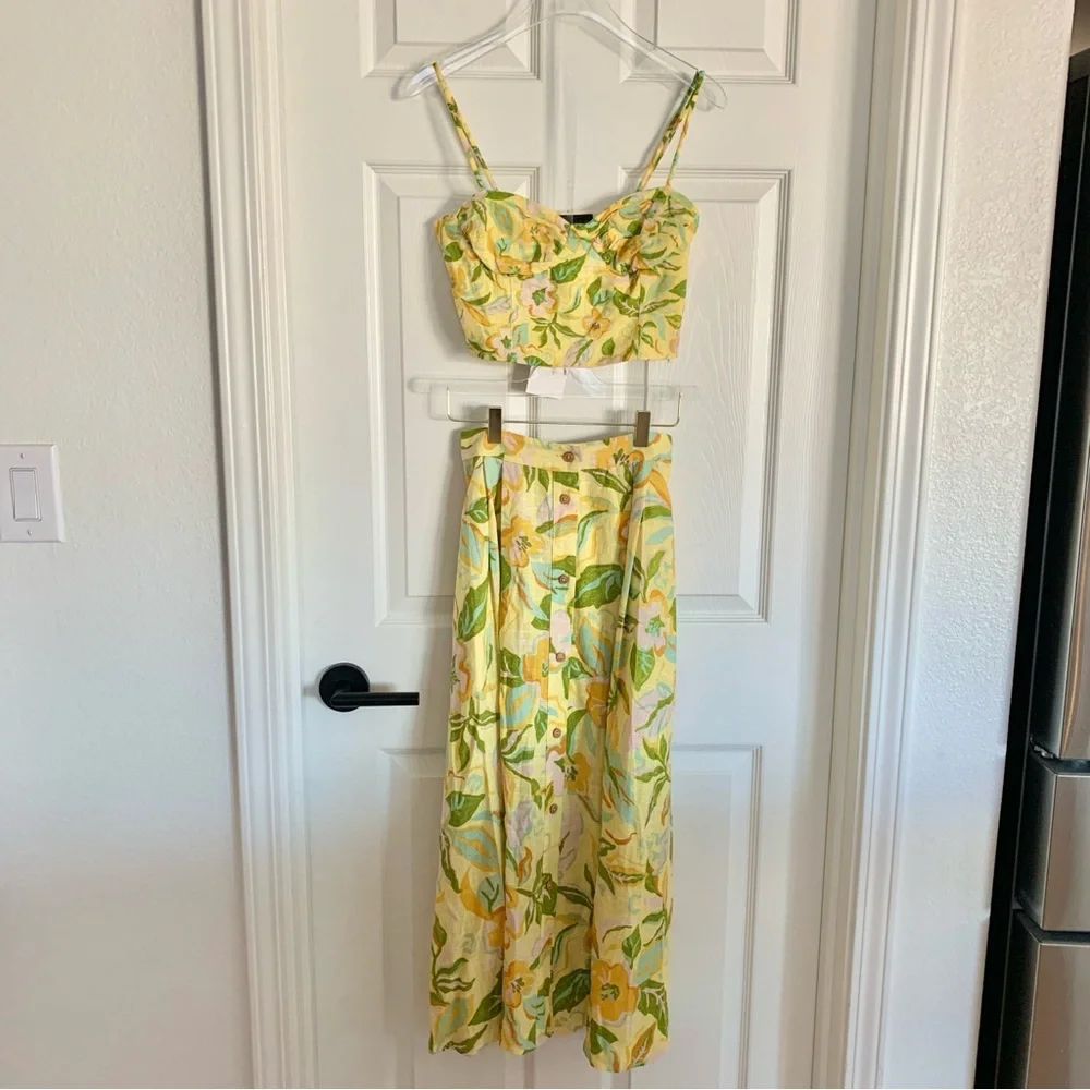 🌼 ZARA Printed Linen Crop Top Bustier Neckline Skirt Set Yellow Floral Print XS - Picture 4 of 16